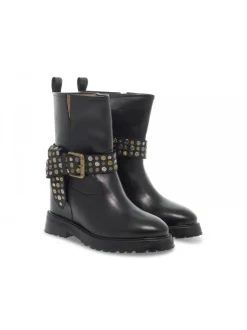 Emanuèlle Vee Ankle Boot Emanuelle Vee Zeppa Interna Cinturino Borchie New Crust In Black Leather^Women Ankle Boots