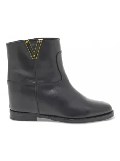 Via Roma 15 Ankle Boot Zeppa Interna Logo V Oro Laterale In Black Leather^Women Ankle Boots