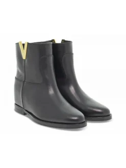 Via Roma 15 Ankle Boot Zeppa Interna Logo V Oro Laterale In Black Leather^Women Ankle Boots