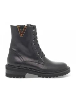 Via Roma 15 Low Boot Zeppa Interna Anfibio Pattone Borchie Logo V Oro In Black Leather^Women Low Boots