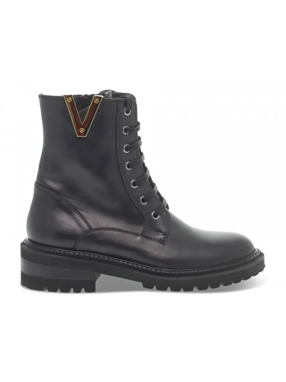 Via Roma 15 Low Boot Zeppa Interna Anfibio Pattone Borchie Logo V Oro In Black Leather^Women Low Boots