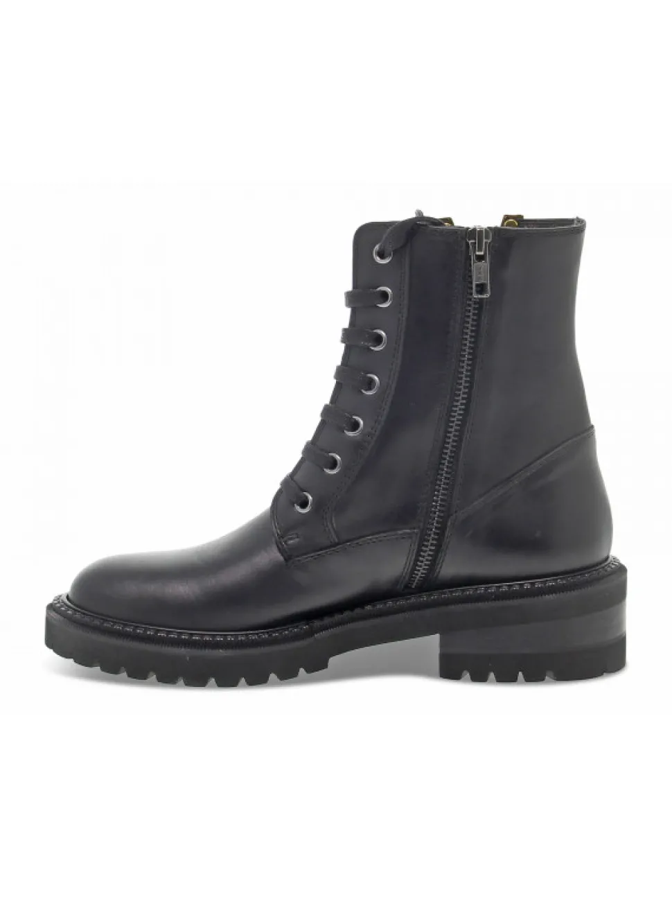 Via Roma 15 Low Boot Zeppa Interna Anfibio Pattone Borchie Logo V Oro In Black Leather^Women Low Boots