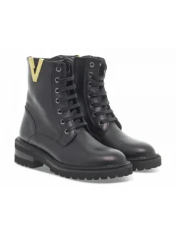 Via Roma 15 Low Boot Zeppa Interna Anfibio Pattone Borchie Logo V Oro In Black Leather^Women Low Boots