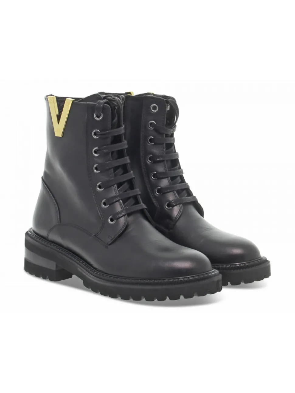 Via Roma 15 Low Boot Zeppa Interna Anfibio Pattone Borchie Logo V Oro In Black Leather^Women Low Boots